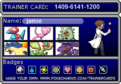 a pokemon trainer card with the name 'jamie' and the code '1409-6141-1200'. there is a sprite of a scientist next to 6 boxes containing sprites of porygon, mew, tyranitar, typhlosion, flygon, and genesect